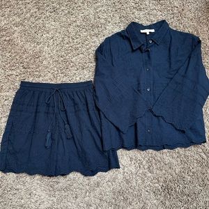 Solitaire 2 Piece Shorts & Shirt Set Embroidered Navy Blue Size Small